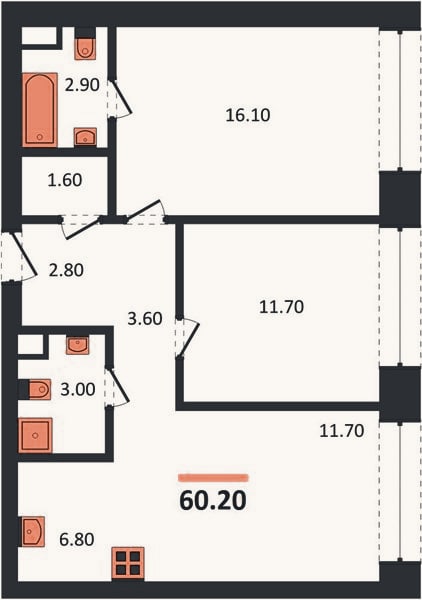 Планировка: 2-к, 60,2 м²