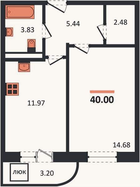 Планировка: 1-к, 40 м²