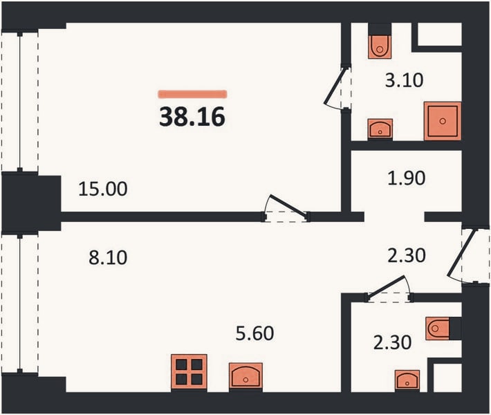 Планировка: 1-к, 38,2 м²