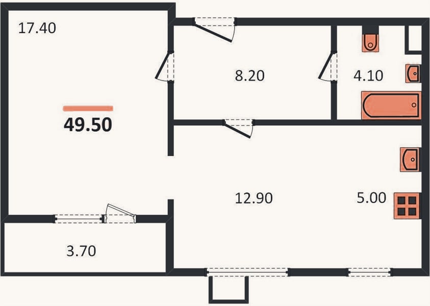 Планировка: 1-к, 49,5 м²