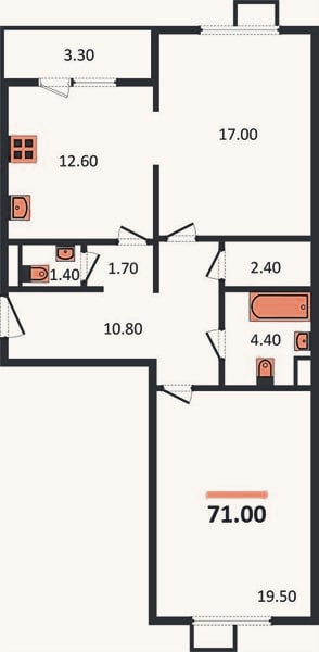 Планировка: 2-к, 71 м²