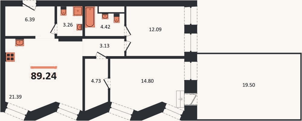 Планировка: 2-к, 89,2 м²