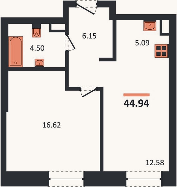 Планировка: 1-к, 44,9 м²
