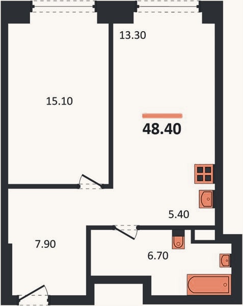 Планировка: 1-к, 48,4 м²