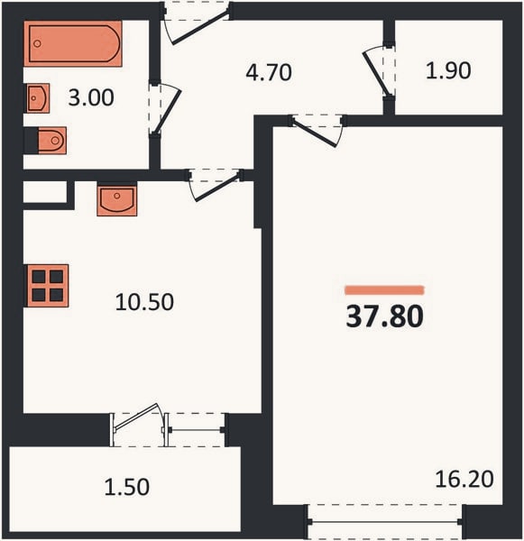 Планировка: 1-к, 37,8 м²