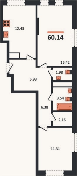 Планировка: 2-к, 60,1 м²