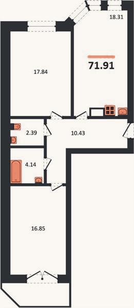 Планировка: 2-к, 71,9 м²