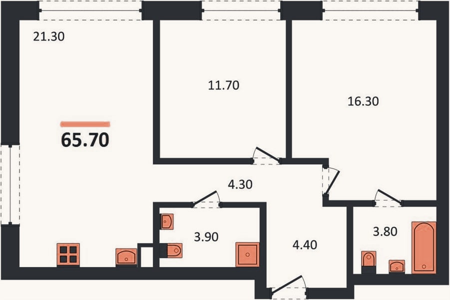 Планировка: 2-к, 65,7 м²