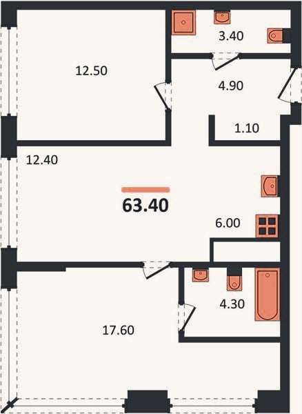 Планировка: 2-к, 63,4 м²