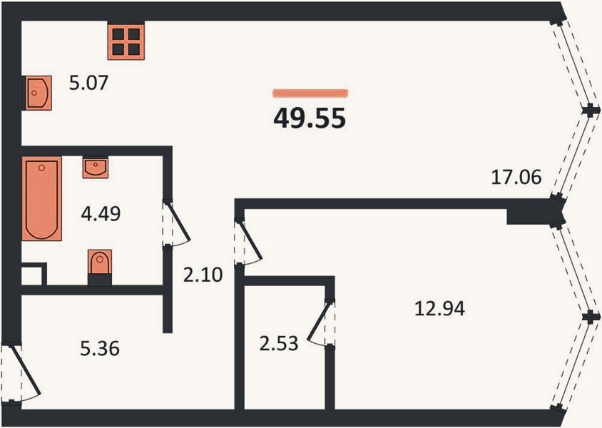 Планировка: 1-к, 49,6 м²