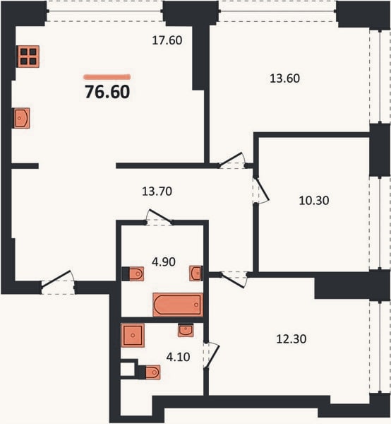 Планировка: 3-к, 76,6 м²