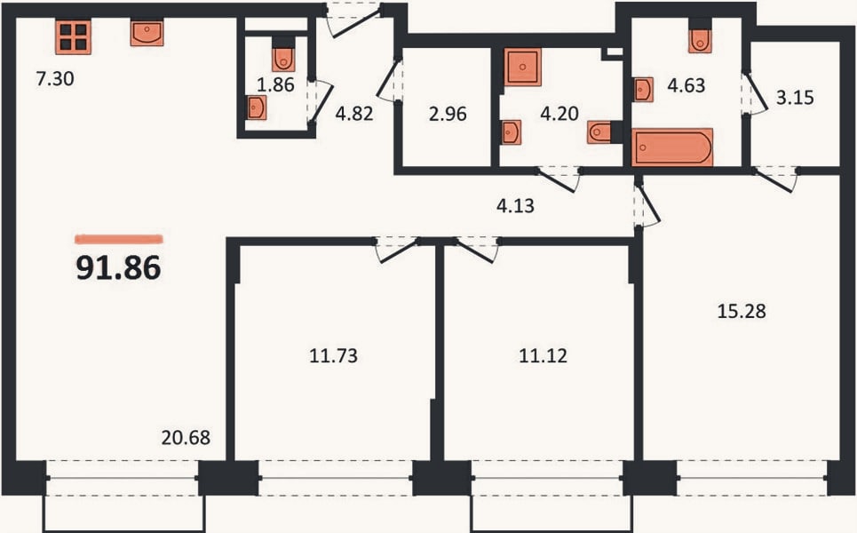 Планировка: 3-к, 91,9 м²