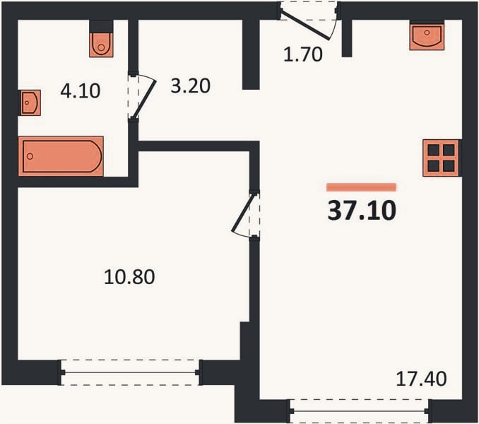 Планировка: 1-к, 37,1 м²