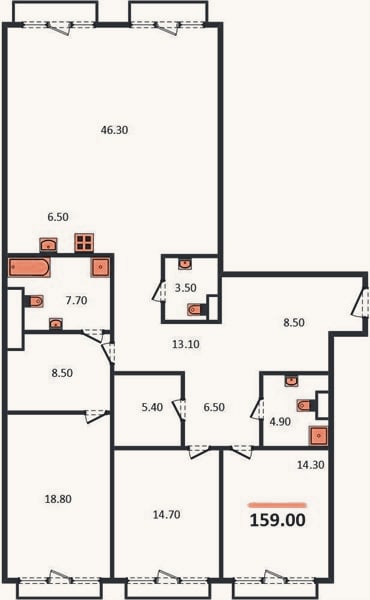 Планировка: 3-к, 159 м²