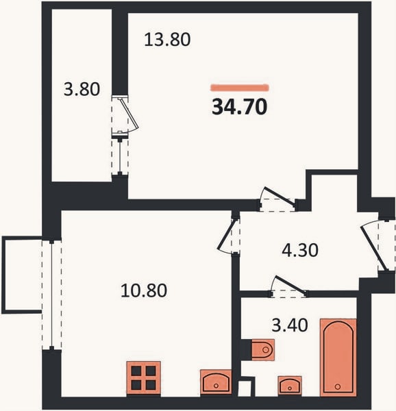 Планировка: 1-к, 34,7 м²