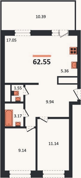 Планировка: 2-к, 62,6 м²