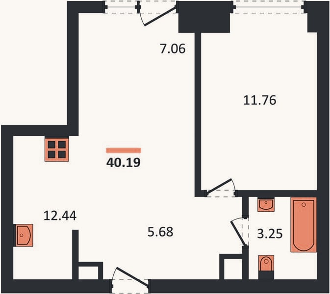 Планировка: 1-к, 40,2 м²