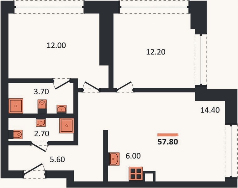 Планировка: 2-к, 57,8 м²