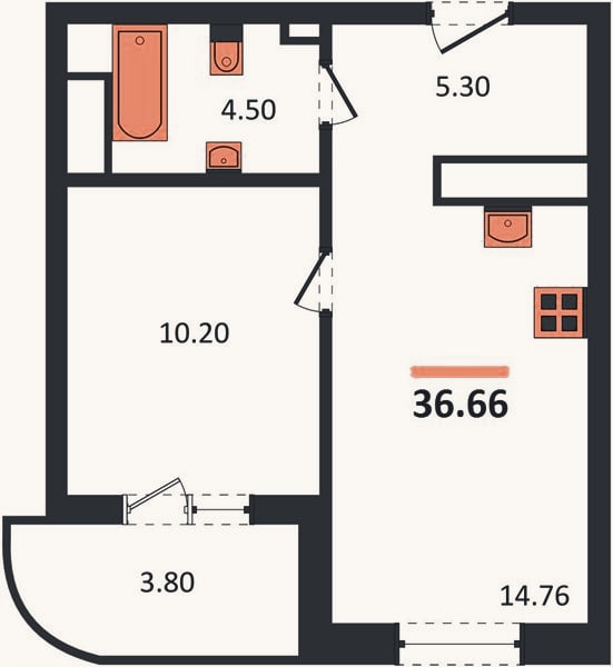 Планировка: 1-к, 36,7 м²