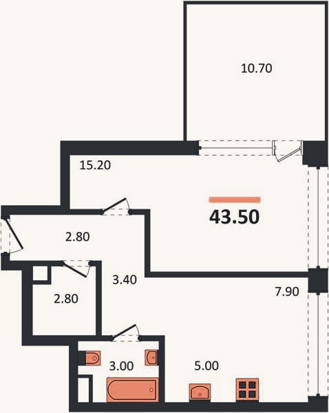 Планировка: 1-к, 43,5 м²