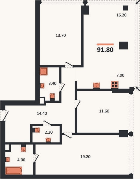 Планировка: 3-к, 91,8 м²