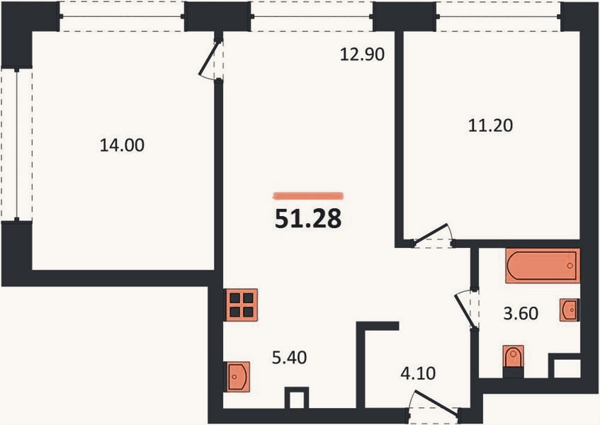 Планировка: 2-к, 51,3 м²