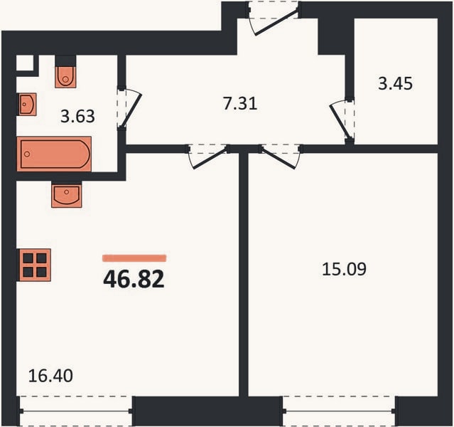 Планировка: 1-к, 46,8 м²