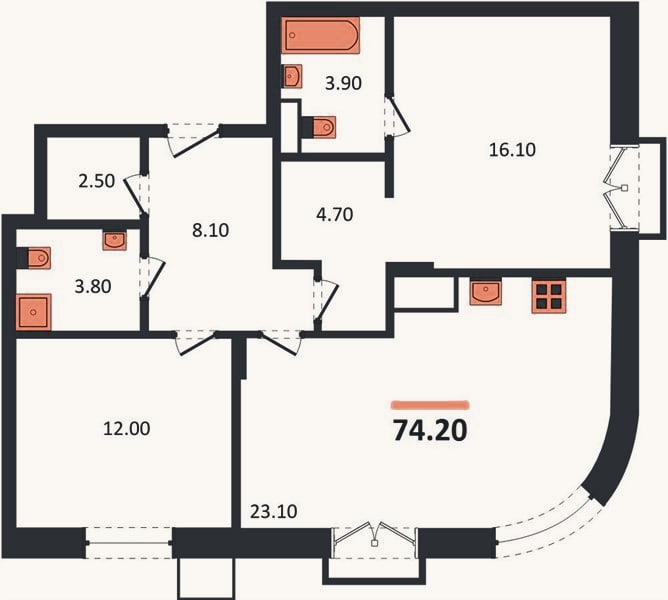 Планировка: 2-к, 74,2 м²