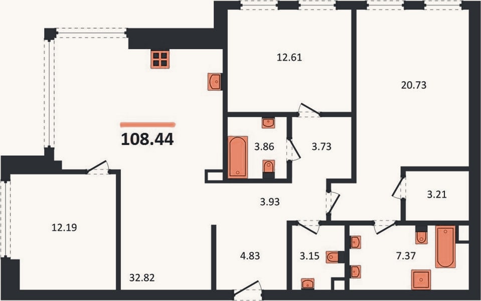 Планировка: 3-к, 108,4 м²