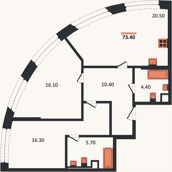 Планировка: 2-к, 73,4 м²