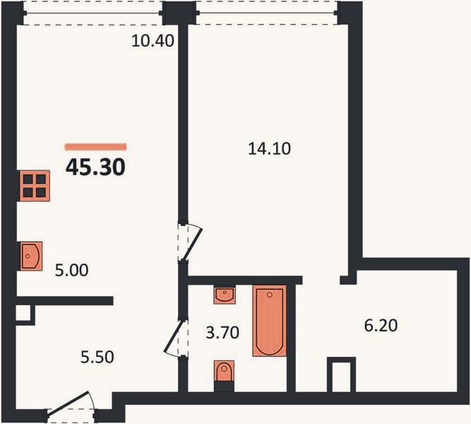 Планировка: 1-к, 45,3 м²