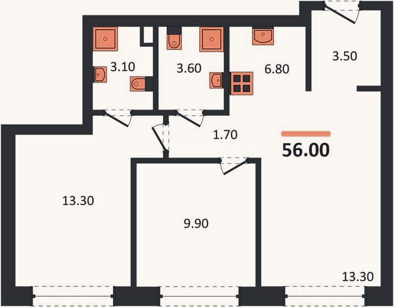 Планировка: 2-к, 56 м²