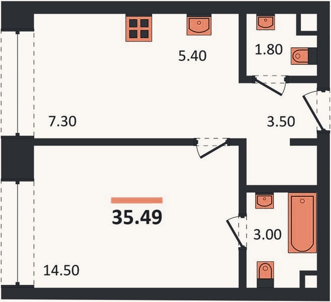 Планировка: 1-к, 35,5 м²