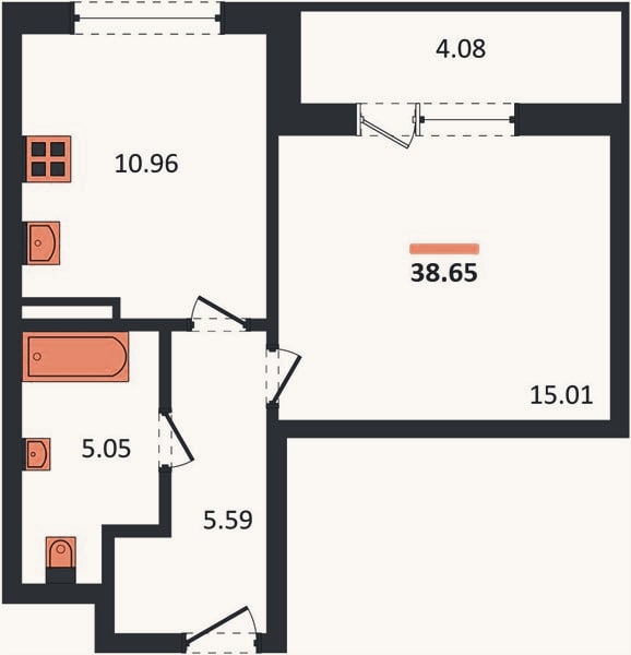 Планировка: 1-к, 38,7 м²