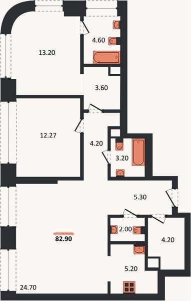 Планировка: 2-к, 82,9 м²