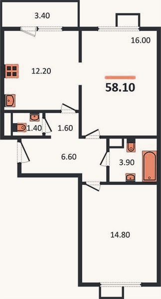 Планировка: 2-к, 58,1 м²