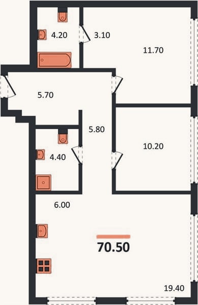 Планировка: 2-к, 70,5 м²