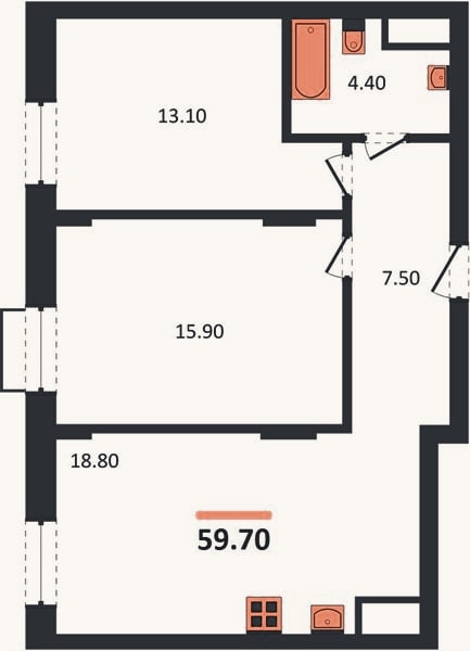 Планировка: 2-к, 59,7 м²