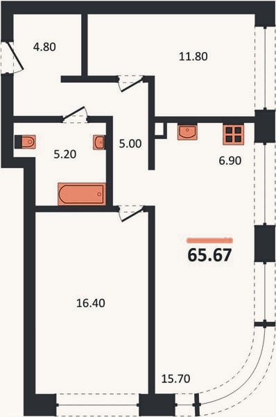 Планировка: 2-к, 65,7 м²