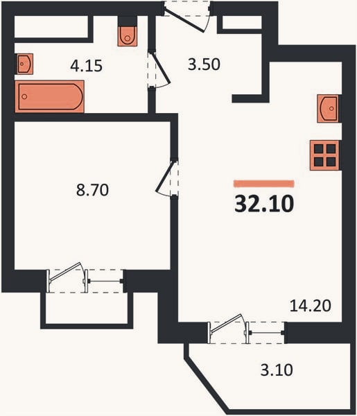 Планировка: 1-к, 32,1 м²