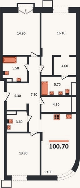 Планировка: 3-к, 100,7 м²