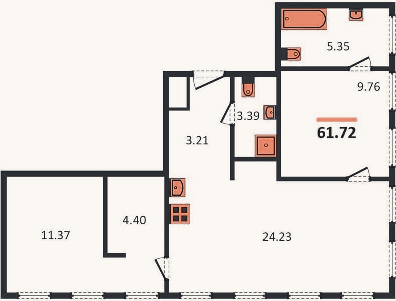 Планировка: 2-к, 61,7 м²