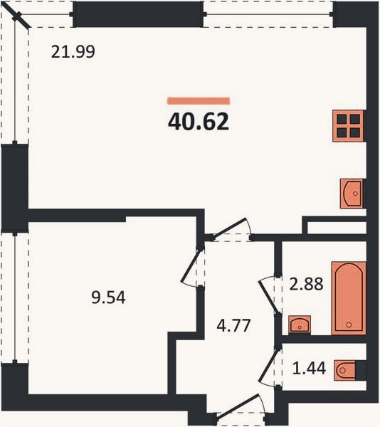 Планировка: 1-к, 40,6 м²