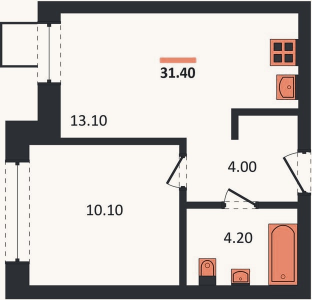 Планировка: 1-к, 31,4 м²