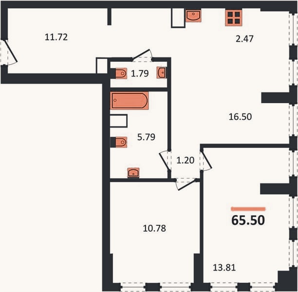 Планировка: 2-к, 65 м²