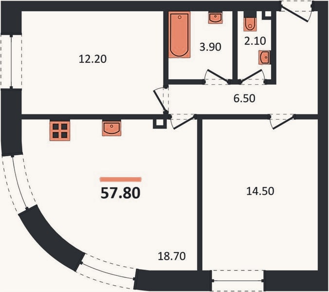 Планировка: 2-к, 57,8 м²