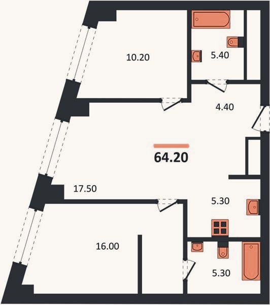 Планировка: 2-к, 64,2 м²