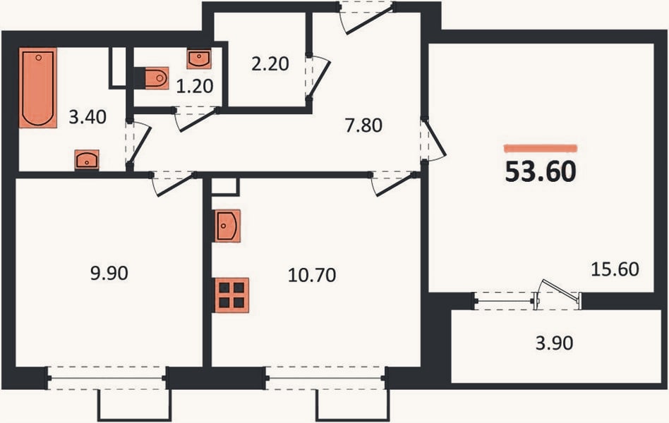 Планировка: 2-к, 52,9 м²