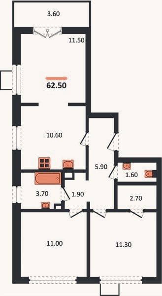 Планировка: 2-к, 62,5 м²
