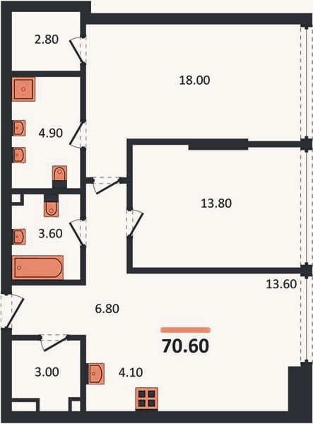 Планировка: 2-к, 70,6 м²